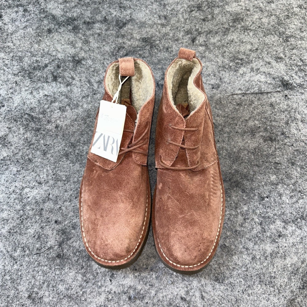 New Zara Girls Sherpa Lined Split Leather Ankle Booties  37/5 Rose‎ Pink